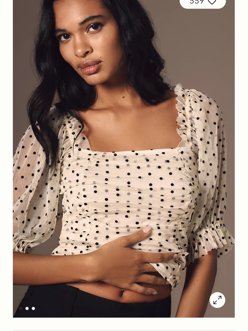Maeve Polka Dot Short-Sleeve Mesh Ruched Top size Medium